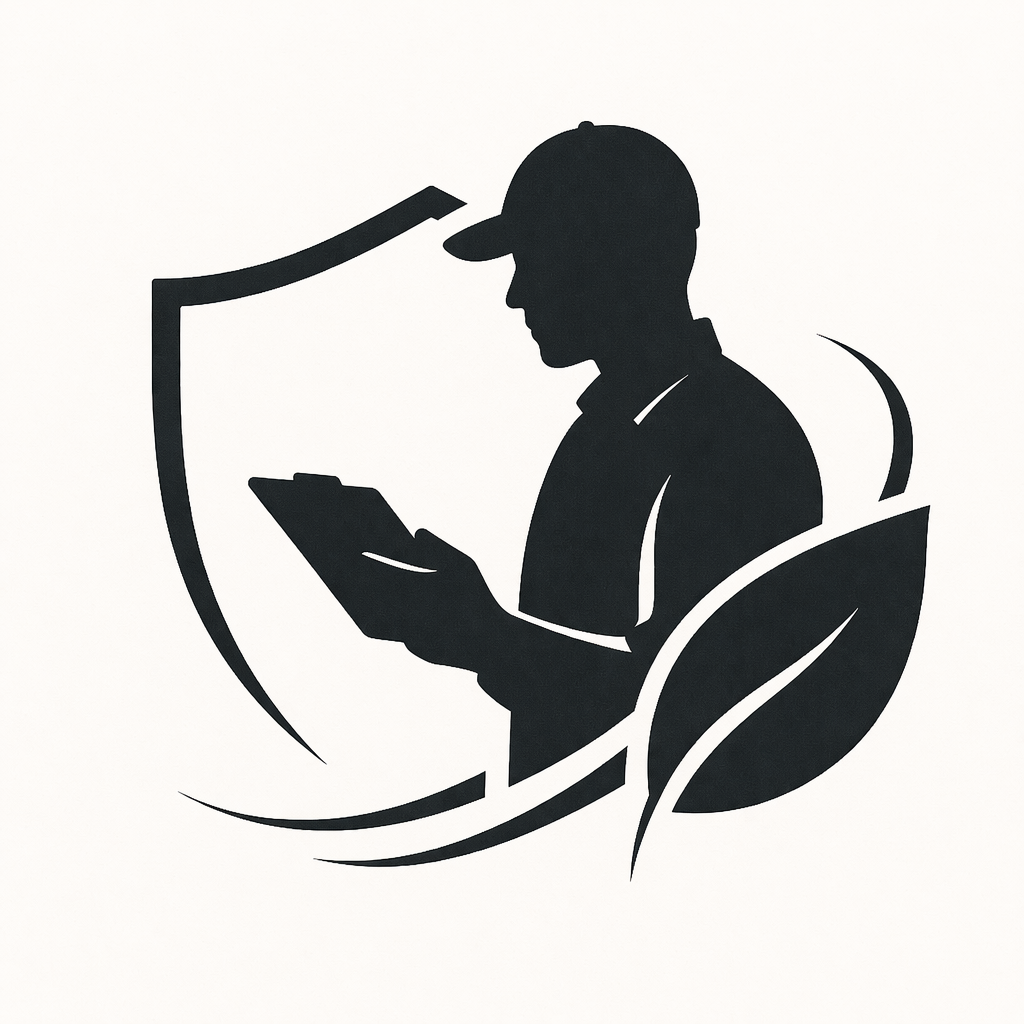 A green symbol of a pest control technician and a badge with a leaf showing the environmental balance of EnviRx. 