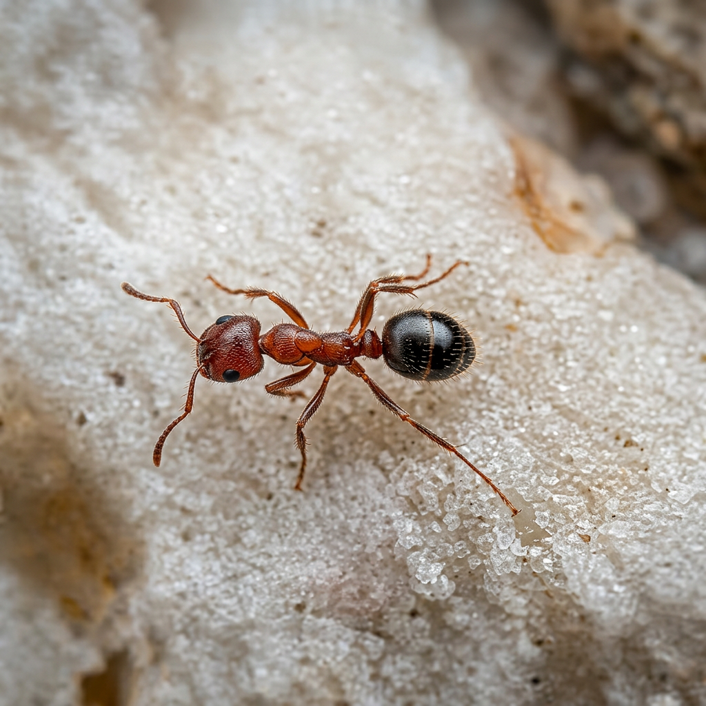 fire ant crawling across a white rough surface