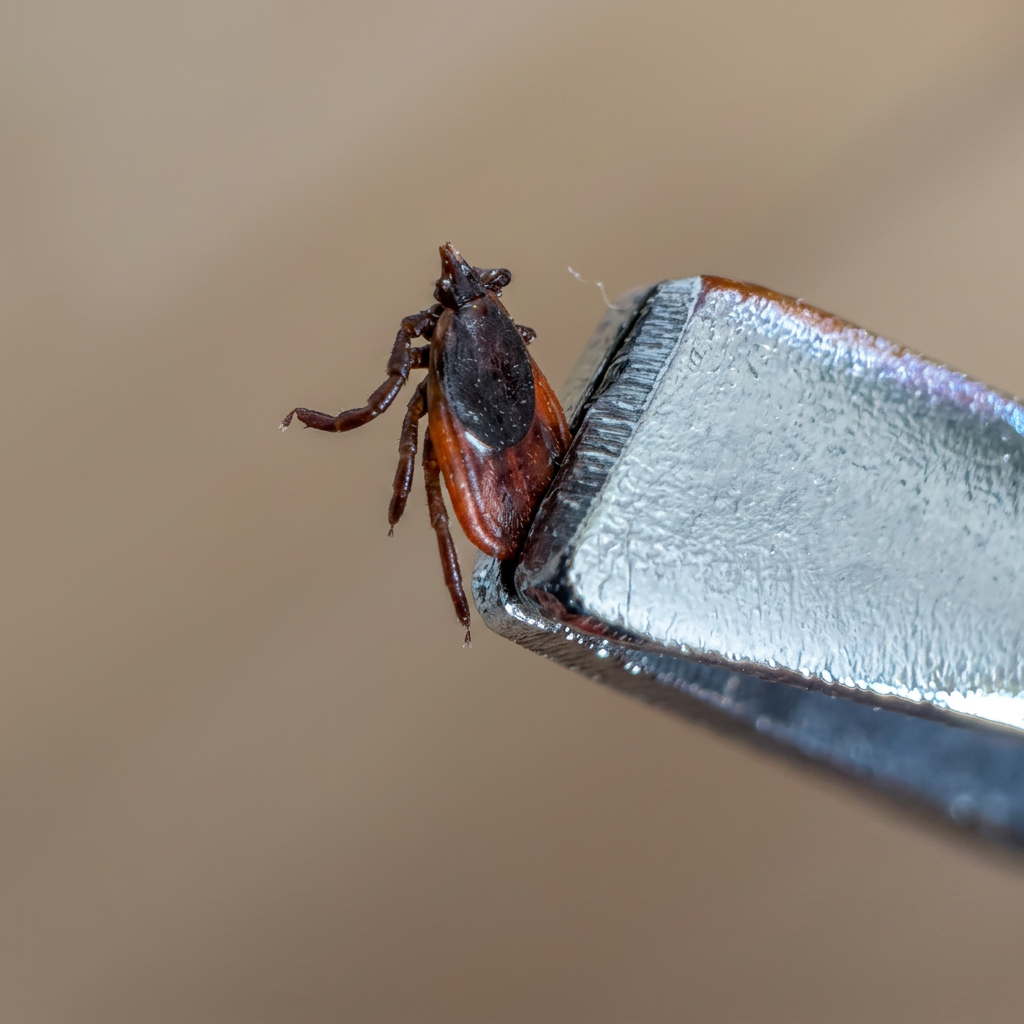 black legged tick held by abdomen by tweezers with blurred background